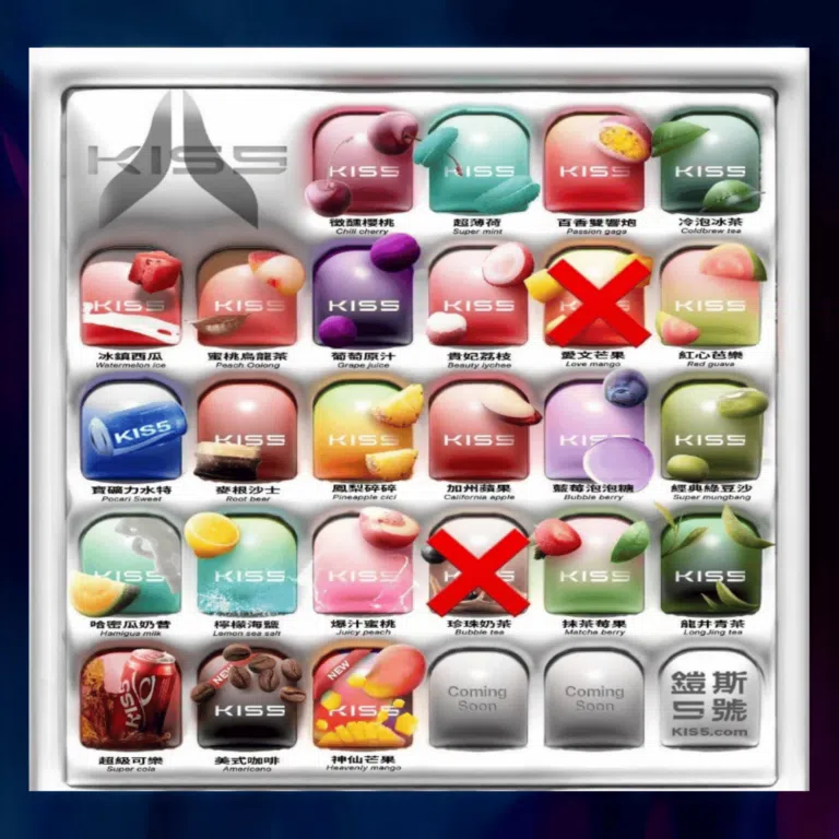 KISS 煙彈多口味總覽圖，水果與清涼風味系列展示